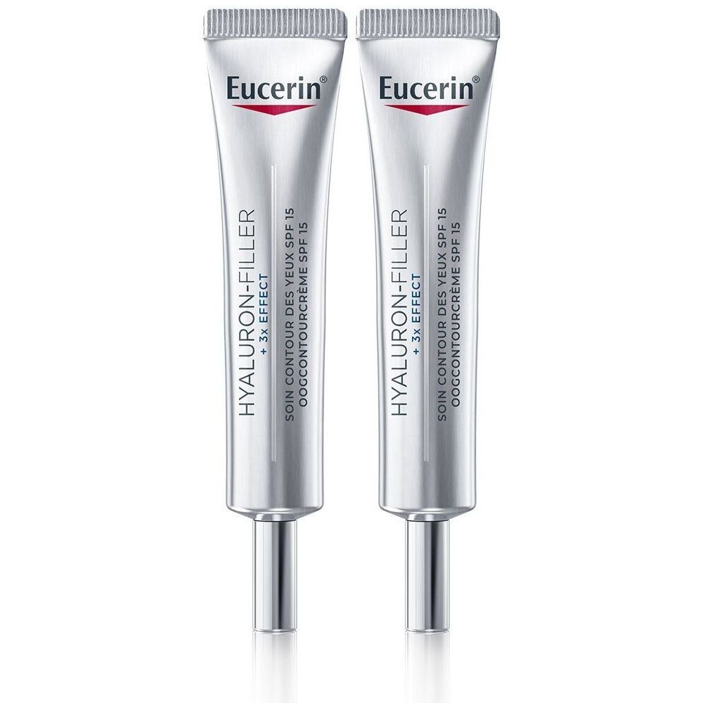 Zwei Tuben Eucerin® HYALURON-FILLER + 3x EFFECT Augenkontur SPF 15. Silberne Tuben mit schwarzer Schrift.