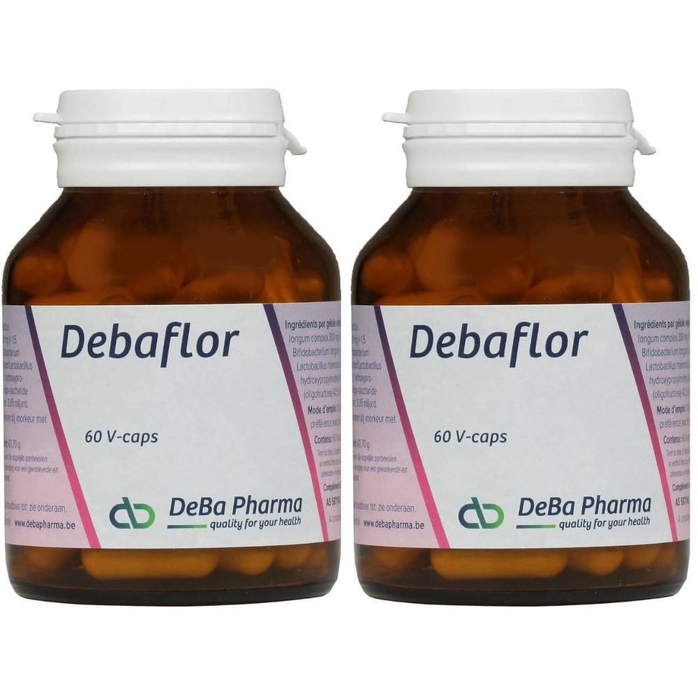 Zwei braune Flaschen mit weißen Deckeln. Aufschrift: Debaflor, 60 V-caps. Logo DeBa Pharma.