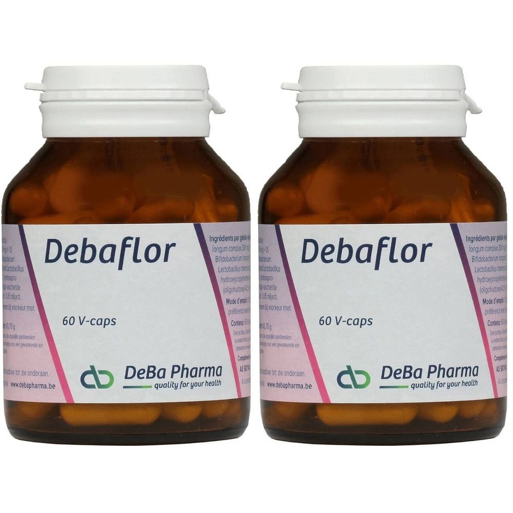 Deux flacons bruns avec bouchons blancs. Inscription: Debaflor, 60 V-caps. Logo DeBa Pharma.