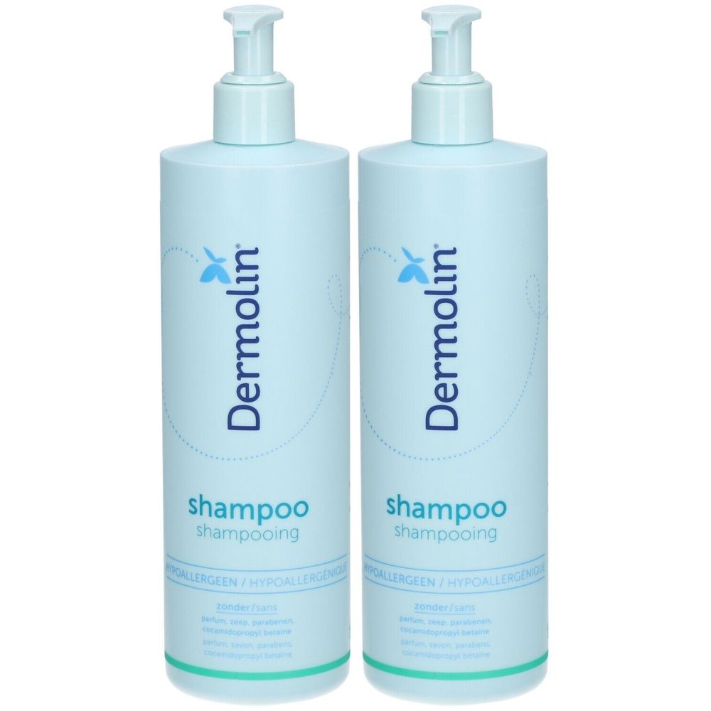 Deux flacons bleu clair de Shampooing Hypoallergénique Dermolin® avec distributeurs à pompe.