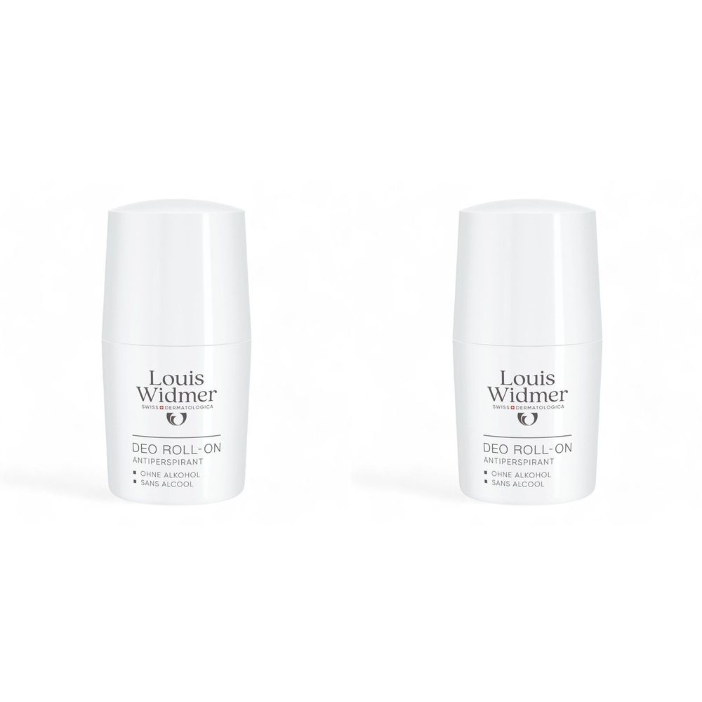 Deux déodorants roll-on blancs. Inscription: Louis Widmer, DEO ROLL-ON ANTIPERSPIRANT, sans alcool. Flacons avec bouchon et étiquette blancs.