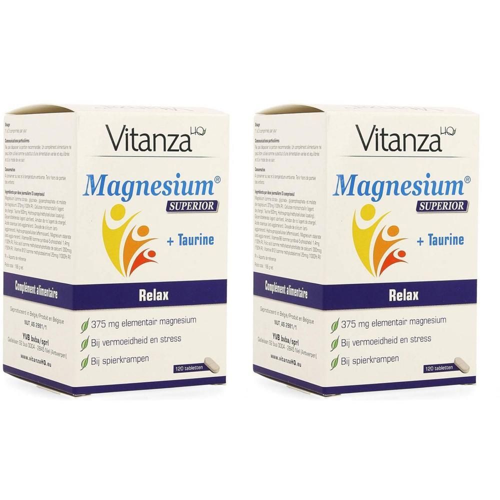 Zwei Kartons Vitanza HQ Magnesium Superior. Aufschrift: Magnesium + Taurin, Relax. 375 mg elementares Magnesium, 120 Tabletten.