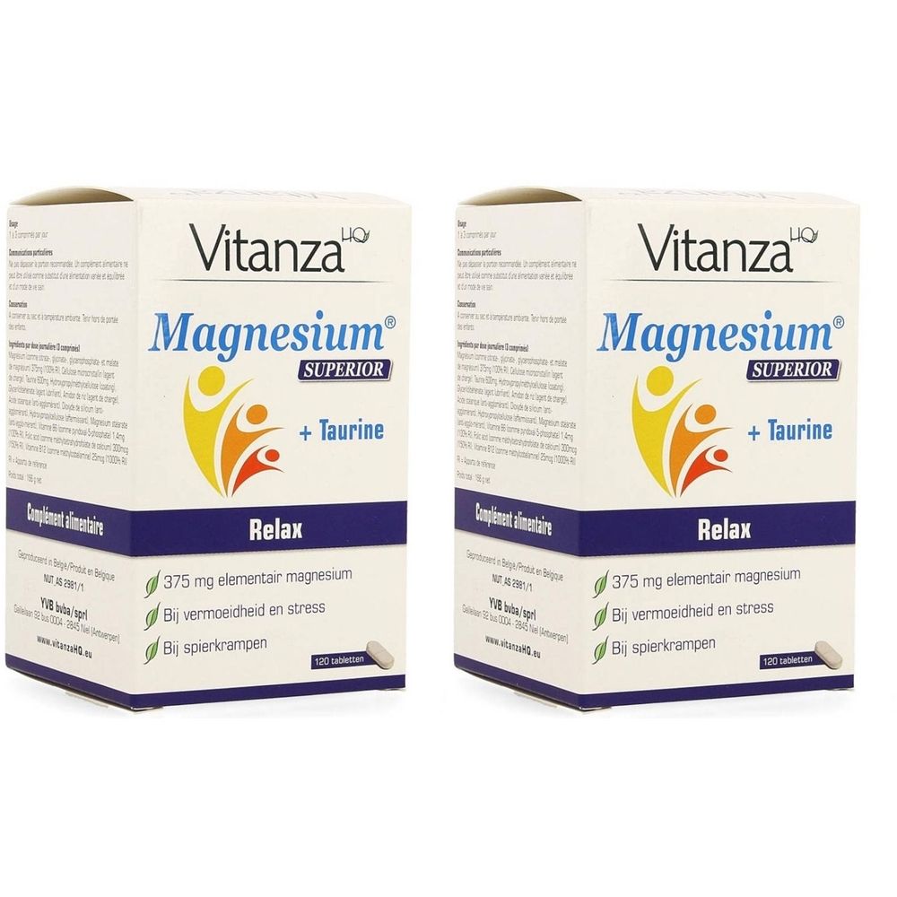 Deux boîtes de Vitanza HQ Magnesium Superior. Inscription: Magnesium + Taurine, Relax. 375 mg magnésium élémentaire, 120 comprimés.