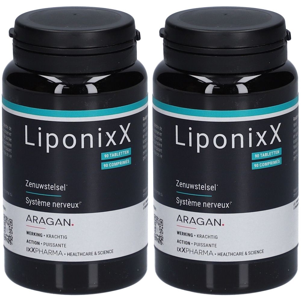 Zwei schwarze Flaschen mit Etikett. Aufschrift: LiponixX, 90 Tabletten. Text: Zenuwstelsel, Système nerveux. Marke: ARAGAN.