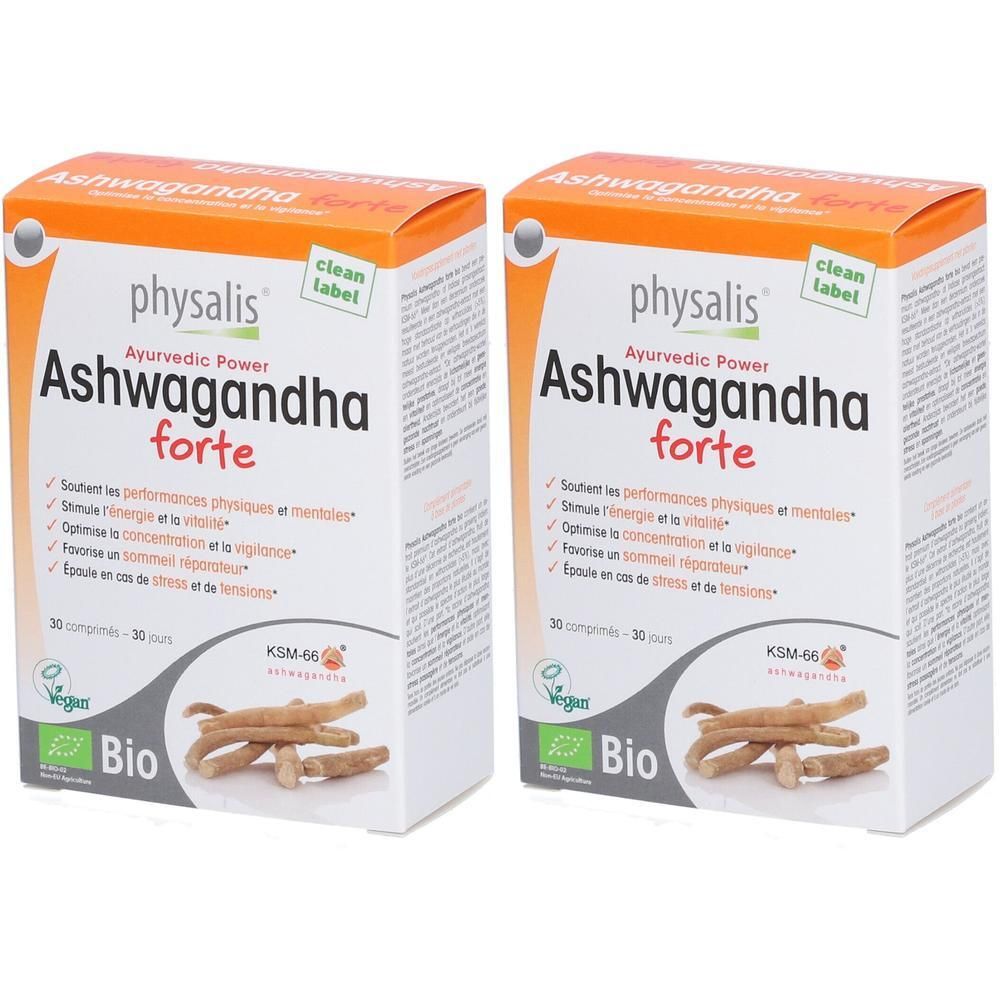 Zwei Schachteln mit "physalis Ashwagandha forte". Aufdrucke: "Ayurvedic Power", "Bio", "KSM-66". Gezeigt werden auch Wurzeln.