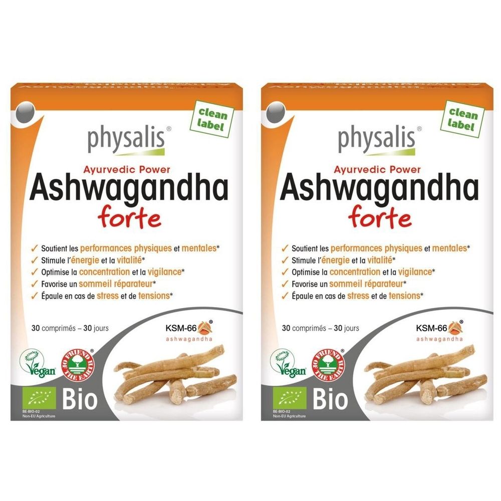 Deux boîtes de "physalis Ashwagandha forte". Inscriptions : "Ayurvedic Power", "Bio", "KSM-66". Des racines sont également visibles.