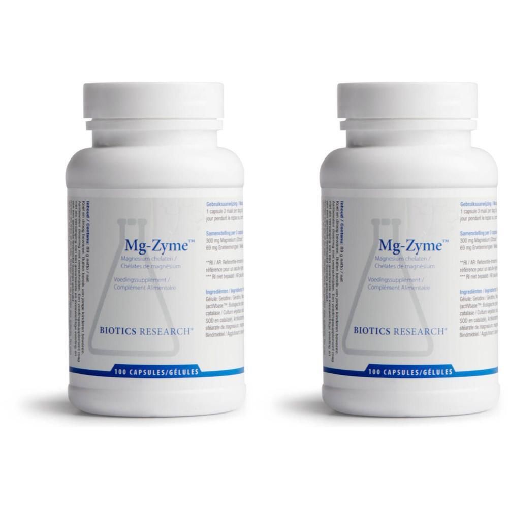 Zwei weiße Flaschen mit Etikett. Aufschrift: Mg-Zyme, Biotics Research. Jede Flasche enthält 100 Kapseln.