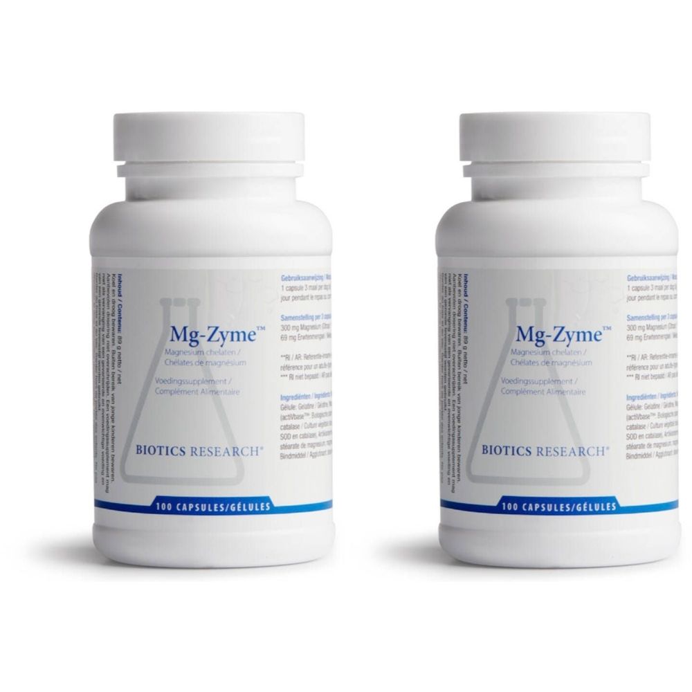 Deux flacons blancs avec étiquette. Inscription: Mg-Zyme, Biotics Research. Chaque flacon contient 100 gélules.