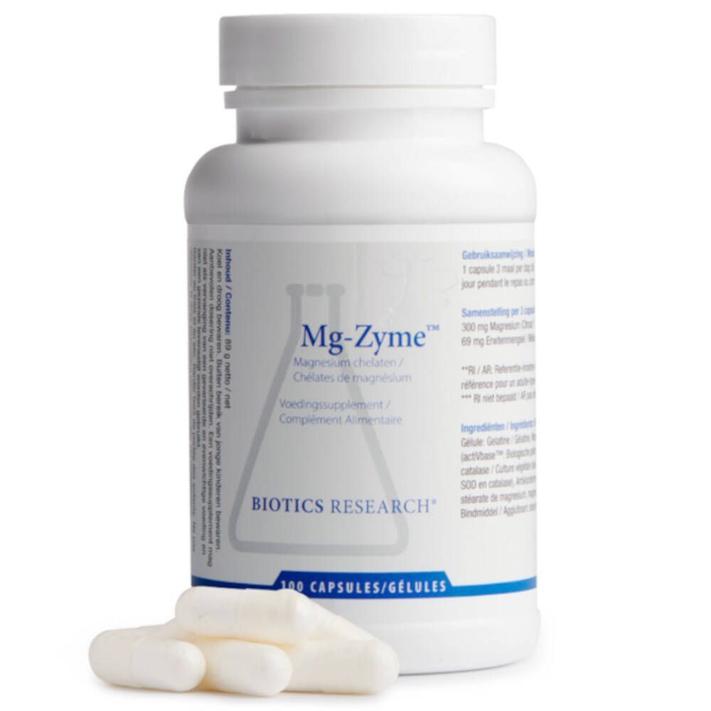 Weiße Flasche mit Mg-Zyme-Etikett und Kapseln daneben. Aufschrift: Biotics Research, 100 Kapseln.