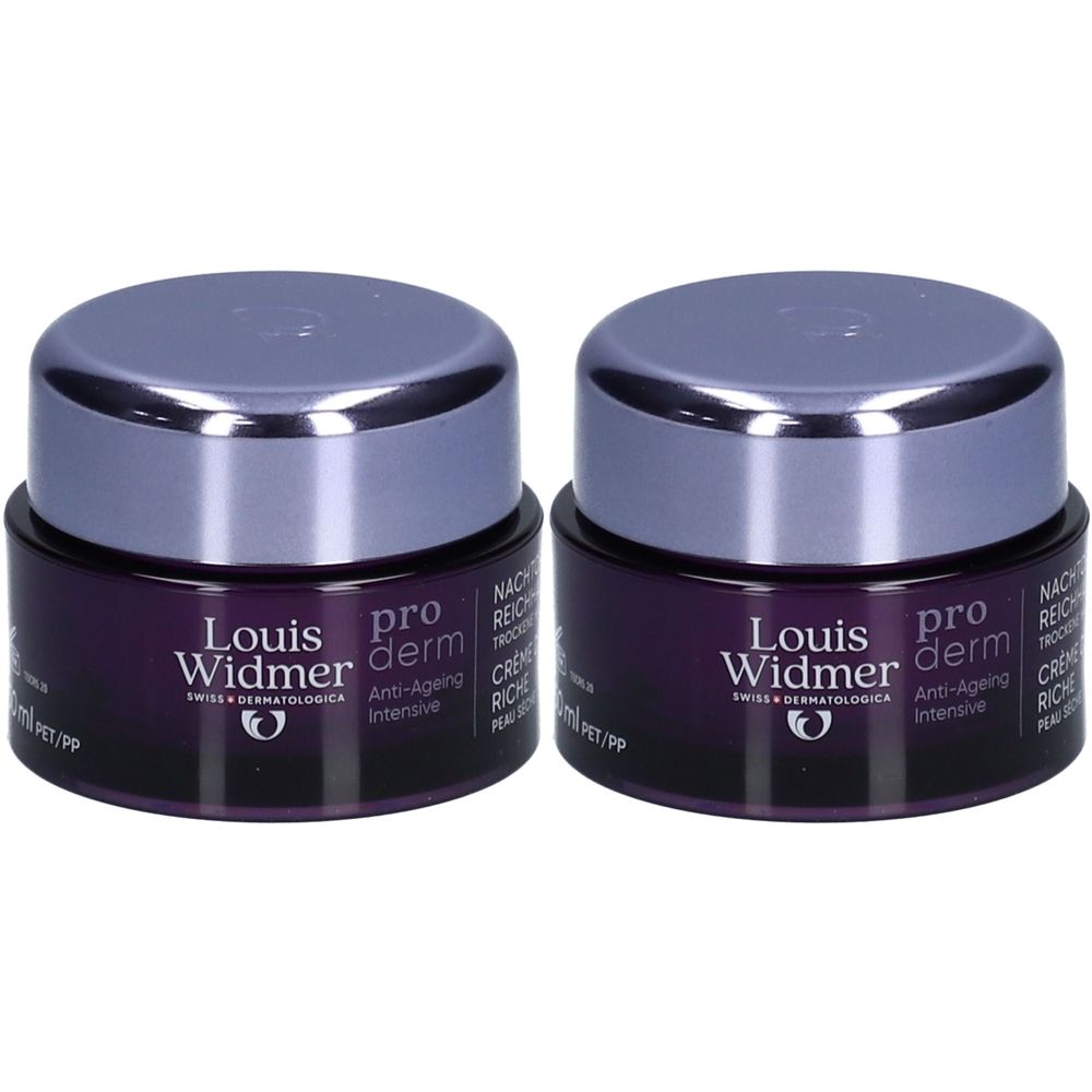 Zwei Tiegel Louis Widmer Proderm Nachtcreme. Dunkelvioletter Tiegel mit silbernem Deckel. Schriftzug und Logo.