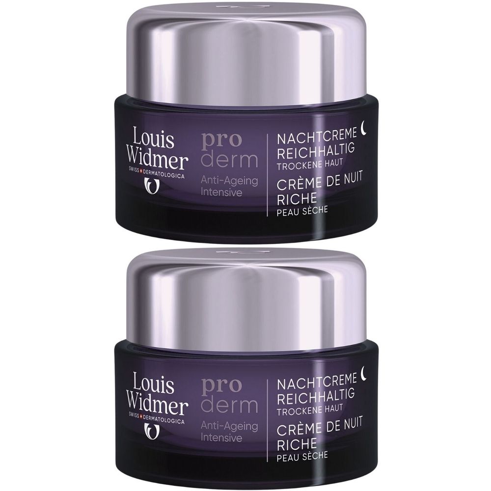 Deux pots de crème de nuit Louis Widmer Proderm. Pot violet foncé avec couvercle argenté. Texte et logo.