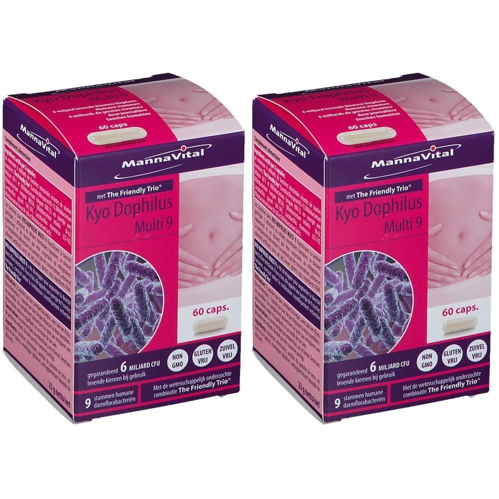 Zwei Packungen Mannavital Kyo Dophilus Multi 9. Lila, weiß und rosa Verpackung. 60 Kapseln. Aufschrift: Glutenfrei.