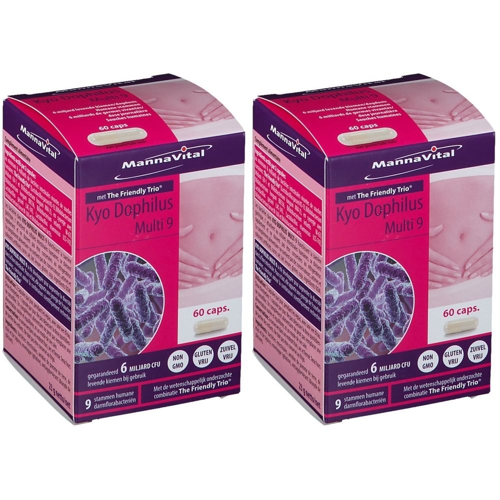 Deux boîtes de Mannavital Kyo Dophilus Multi 9. Emballage violet, blanc et rose. 60 gélules. Inscription : Sans gluten.