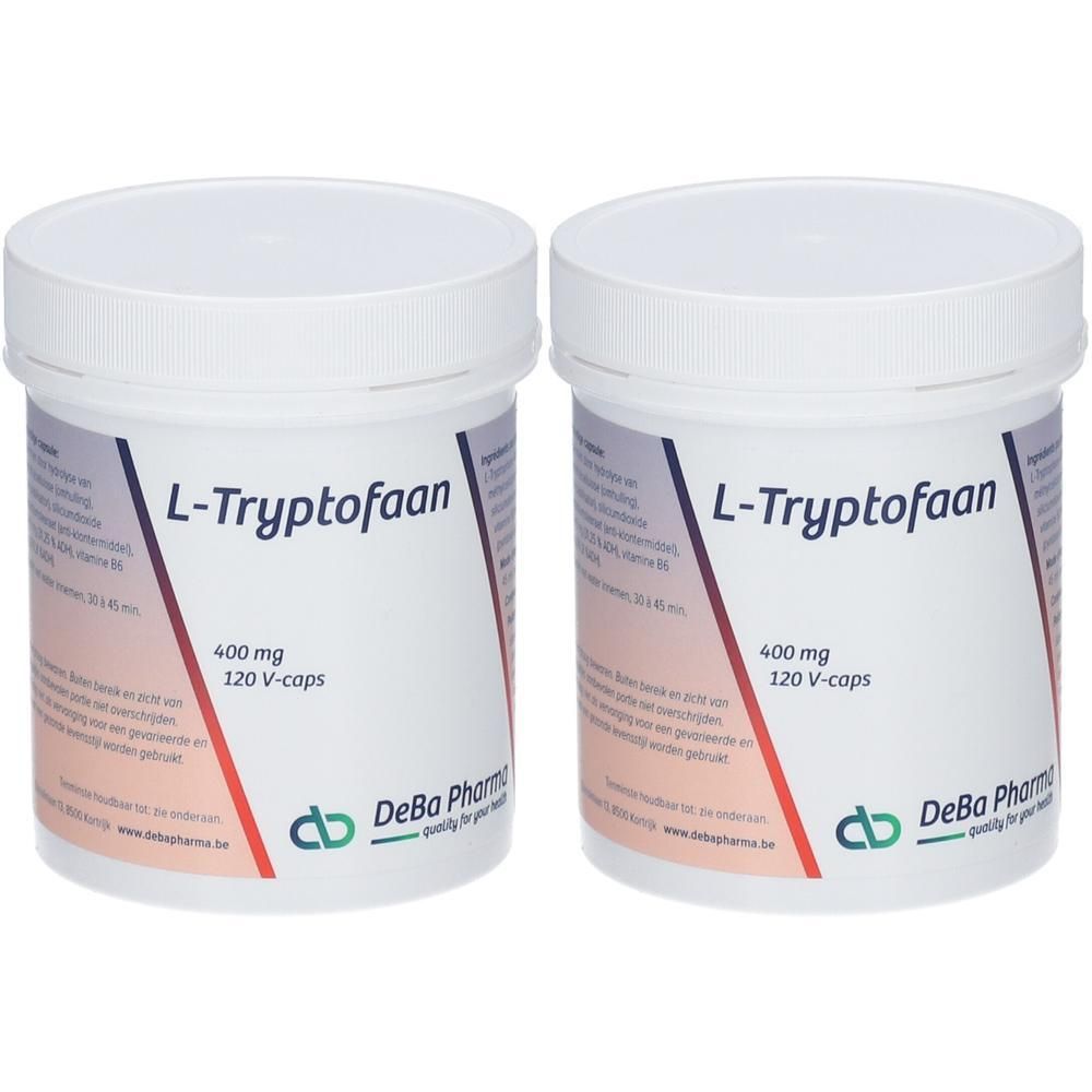 Zwei weiße Behälter mit Etiketten. Aufschrift: L-Tryptophan, 400 mg, 120 V-caps. Marke: Deba Pharma.