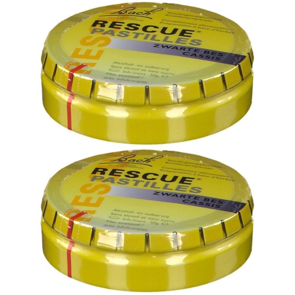 Zwei gelbe Dosen RESCUE Pastillen, schwarze Johannisbeere. Runde Form, roter Streifen. Klarsichtfolie.