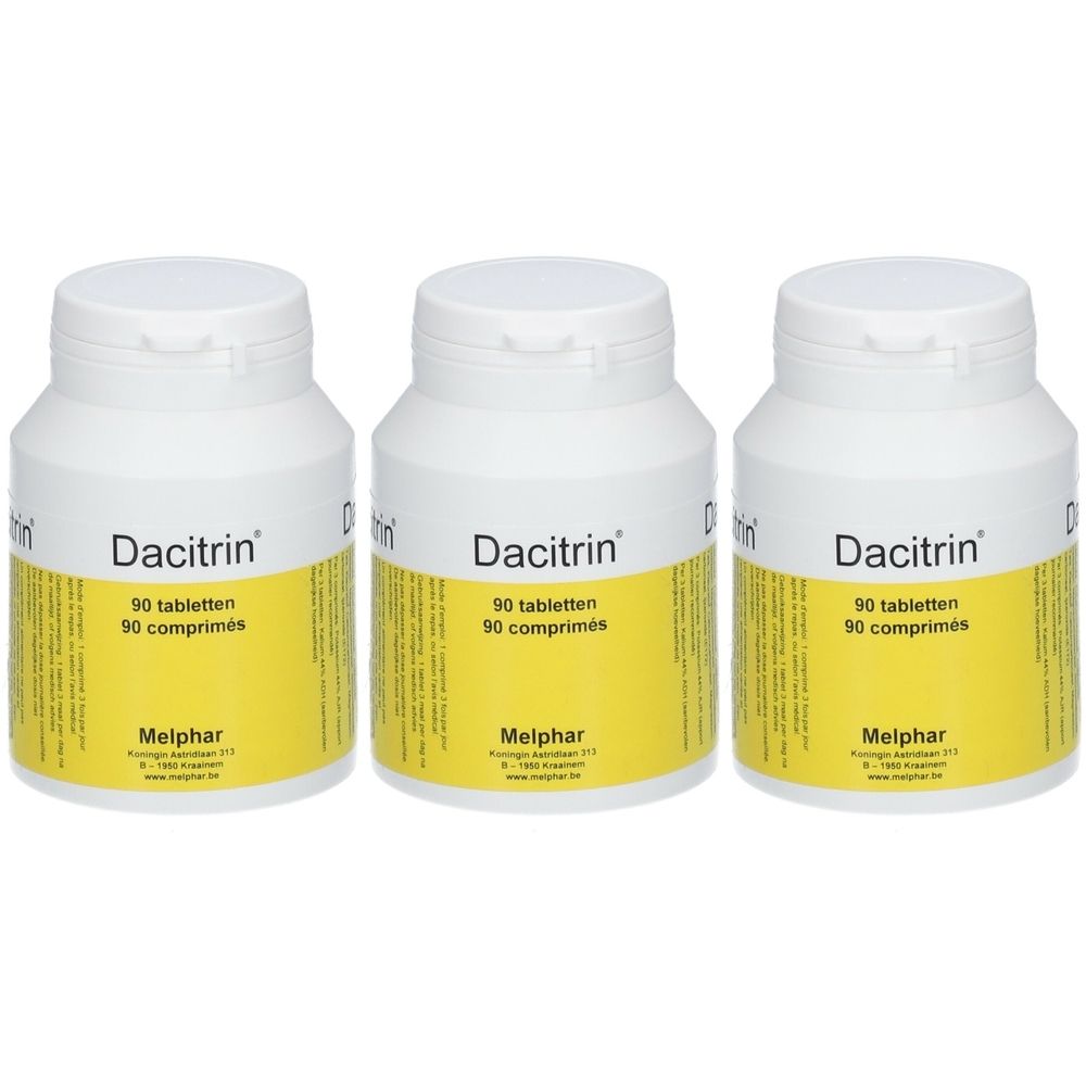 Drei weiße Flaschen mit Deckel. Auf jeder Flasche steht "Dacitrin", "90 tabletten, 90 comprimés" und "Melphar".