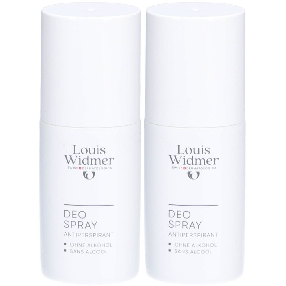 Zwei weiße Deo-Sprays von Louis Widmer. Aufschrift: Deo Spray, ohne Alkohol.