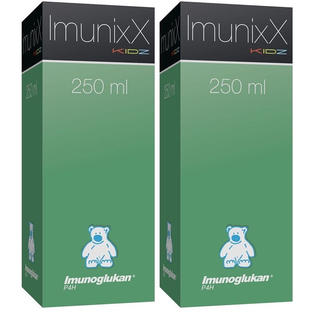 Deux boîtes vertes avec nom du produit et 250 ml. En haut : ImunixX KIDZ. En bas : Imunoglukan P4H. Avec logo ours blanc.