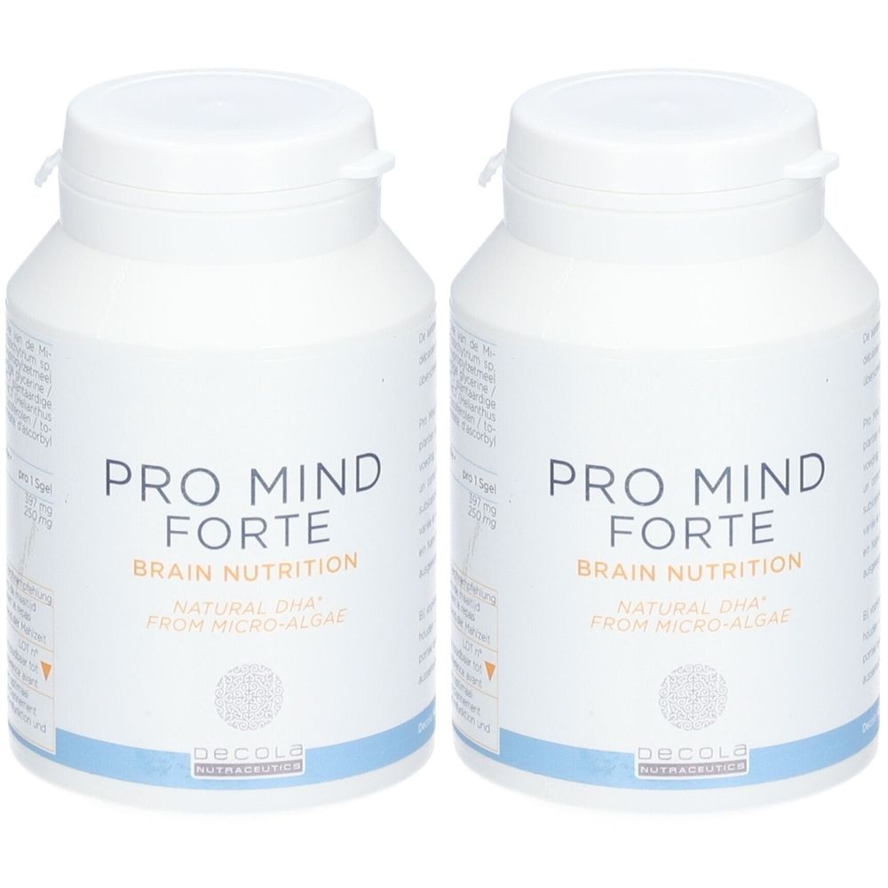 Deux flacons blancs avec couvercles. Inscription : PRO MIND FORTE, BRAIN NUTRITION, NATURAL DHA FROM MICRO-ALGAE. Marque : Decola Nutraceutics.