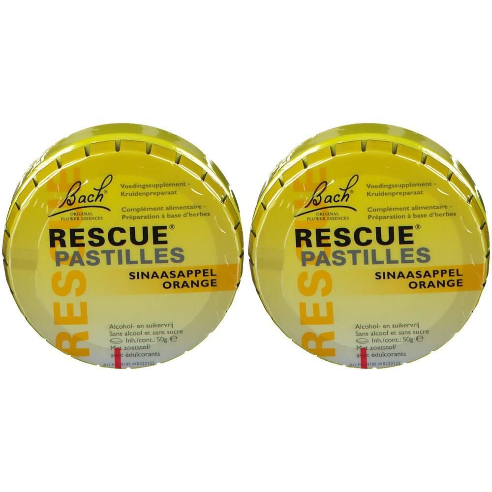 Zwei runde, gelbe Dosen RESCUE Pastillen Orange. Aufschrift: Bach, RESCUE Pastilles, SINAASAPPEL ORANGE. Ohne Alkohol und Zucker.