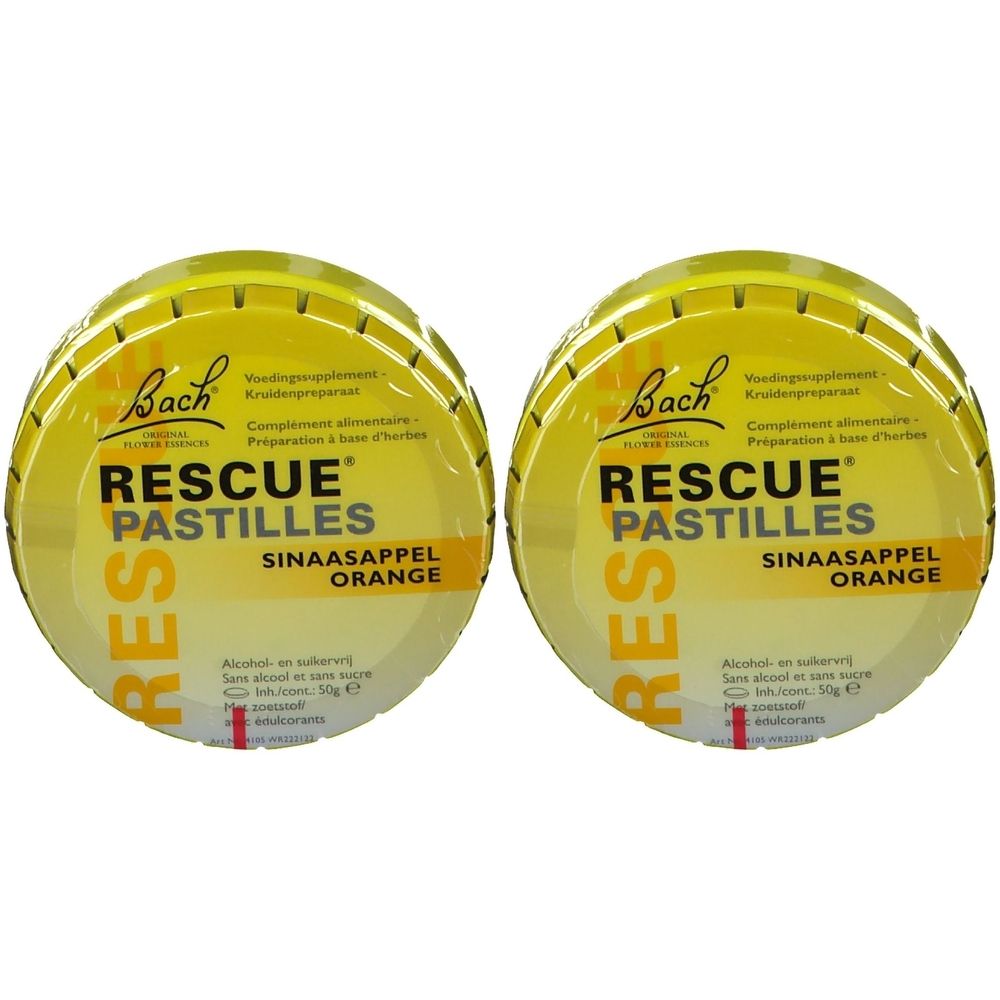Deux boîtes rondes jaunes RESCUE Pastilles Orange. Inscription: Bach, RESCUE Pastilles, SINAASAPPEL ORANGE. Sans alcool et sans sucre.