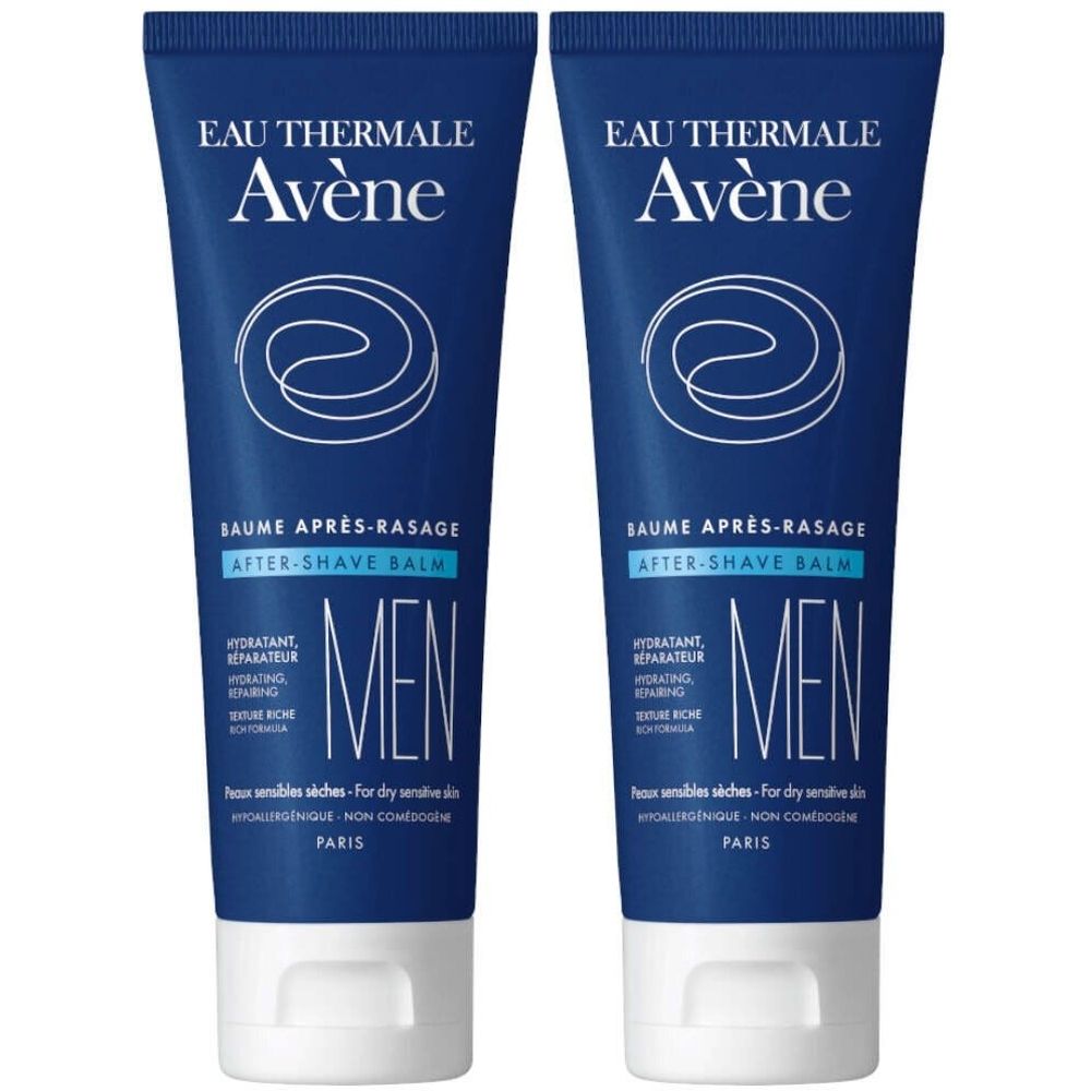 Zwei blaue Tuben Avène MEN After-Shave Balsam. Aufschrift: Eau Thermale Avène, Baume Après-Rasage, After-Shave Balm, MEN. Für trockene, empfindliche Haut.