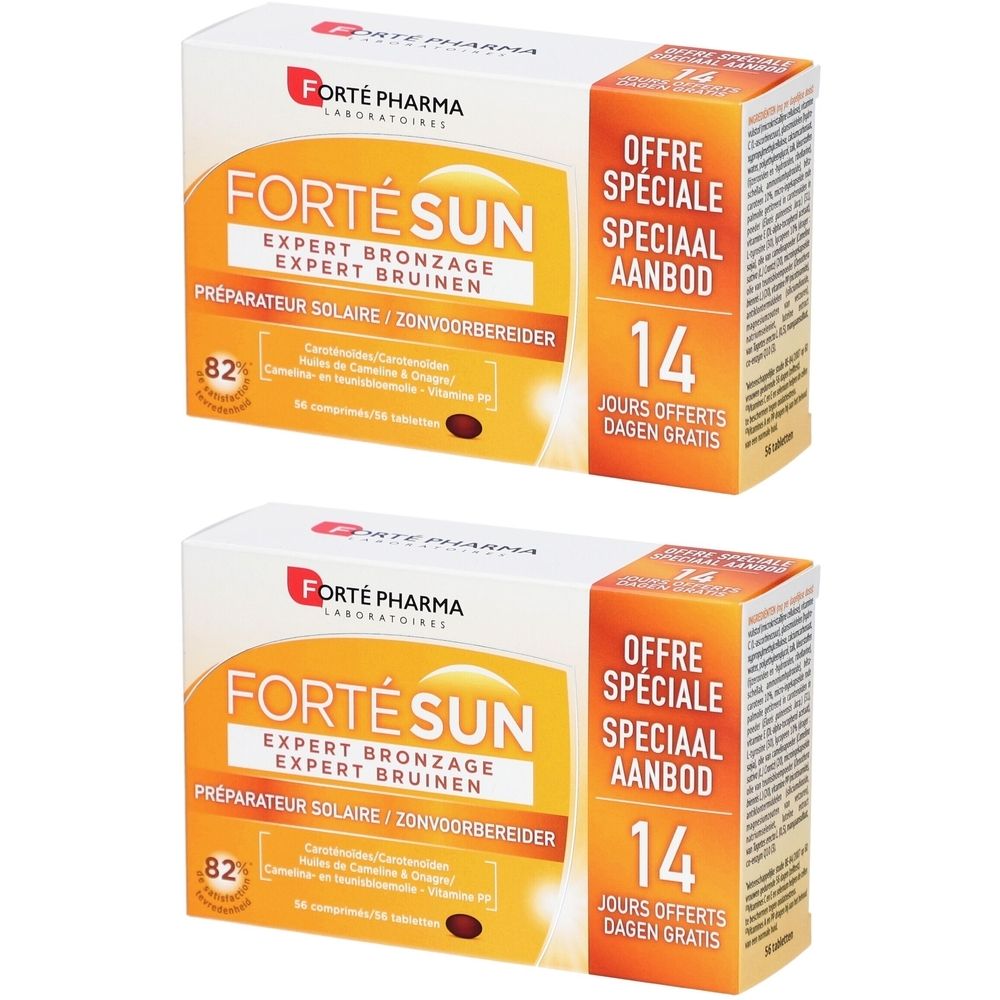 Zwei weiße Schachteln mit Aufschrift "Forté Sun Expert Bronzage". Orangefarbene Akzente. "Offre Spéciale" und "14 jours offerts" sichtbar.