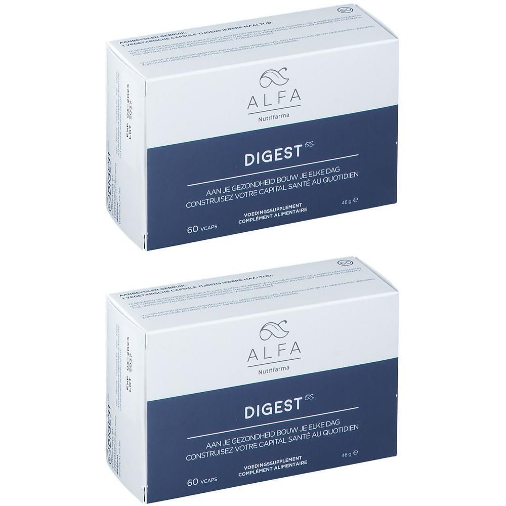 Zwei Schachteln ALFA Digest. Blaue und weiße Verpackung mit Produktnamen und Logo. Enthält 60 Kapseln.