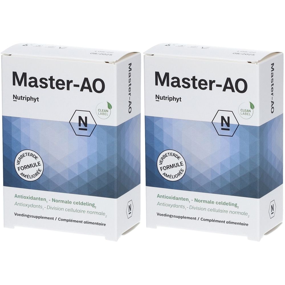 Deux boîtes Nutriphyt Master-AO. Emballage blanc avec motif bleu, nom du produit et logo. Texte: Antioxydants, division cellulaire.