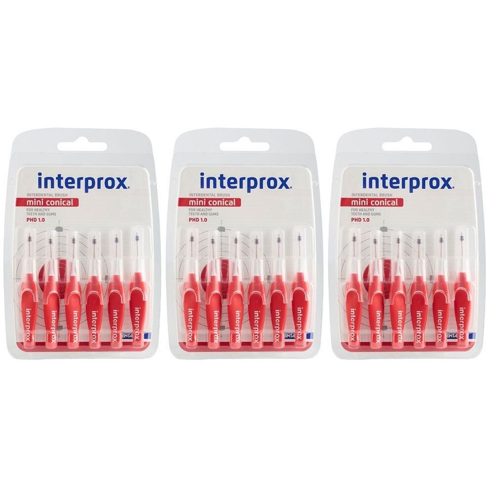 Drei Blisterpackungen mit Interdentalbürsten. Rote Griffe, transparente Borsten. Aufschrift: interprox mini conical.