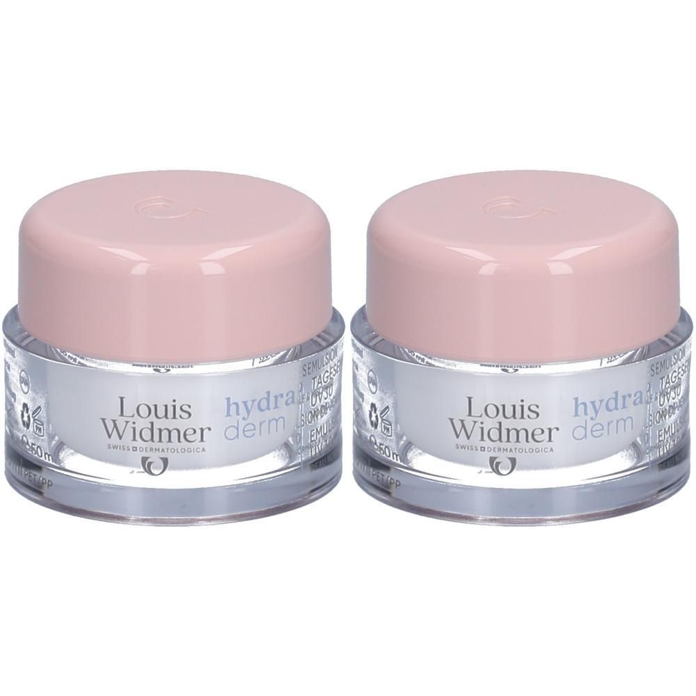 Zwei Tiegel Louis Widmer hydraderm Tagesemulsion UV 30 mit rosa Deckel. Aufschrift: hydraderm, Louis Widmer.
