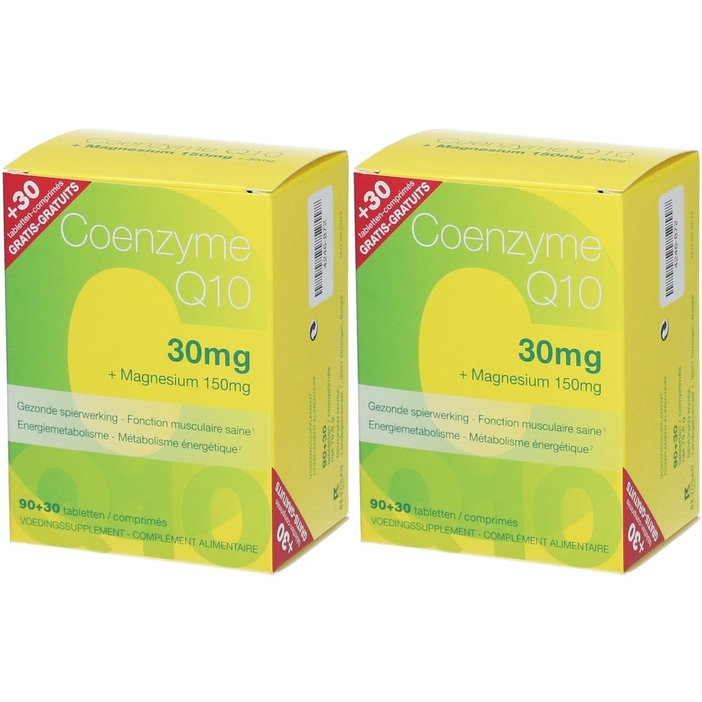 Deux boîtes jaunes avec l'inscription "Coenzyme Q10 30mg + Magnésium 150mg". Texte additionnel en vert et blanc.