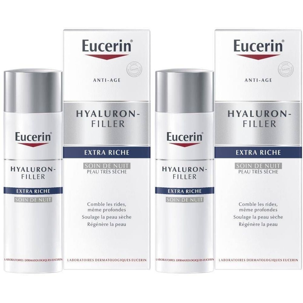 Mehrere Eucerin Hyaluron-Filler Nachtpflege Produkte. Weiße Verpackung mit silbernem Deckel. Produktname und Details sind aufgedruckt.