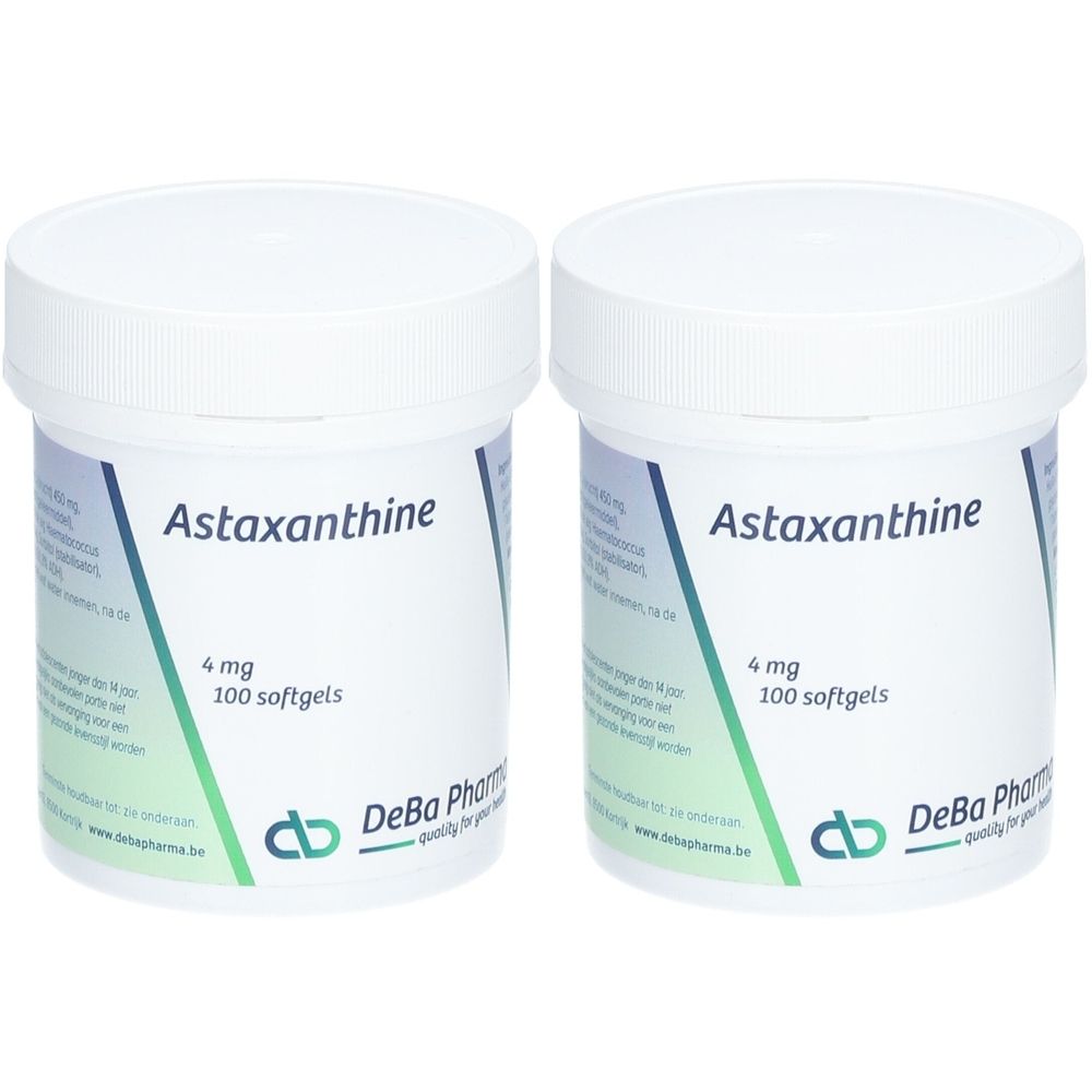 Deux pots blancs d'Astaxanthine 4 mg. Inscription: 100 gélules. Marque: DeBa Pharma.