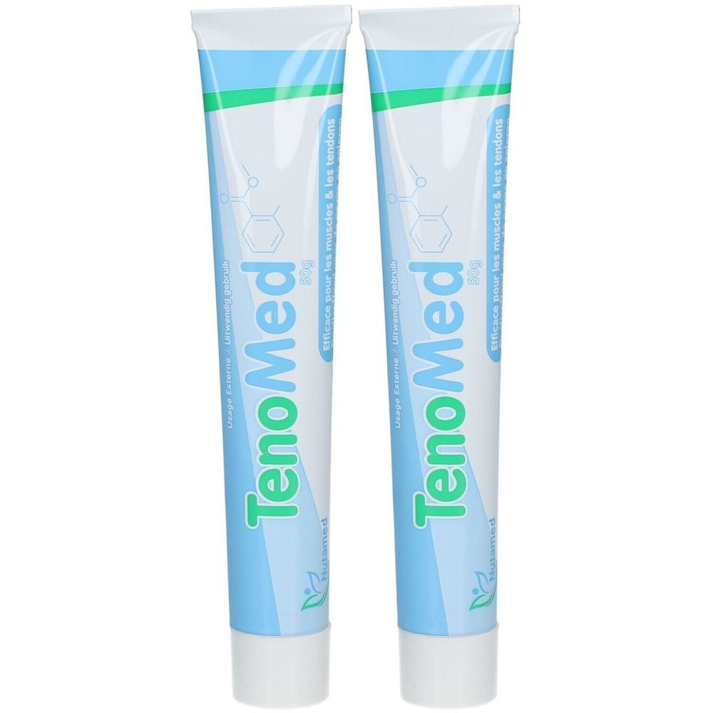 Zwei Tuben TenoMed Creme. Hellblaue Tuben mit grünem und weißem Schriftzug. Aufschrift: TenoMed.