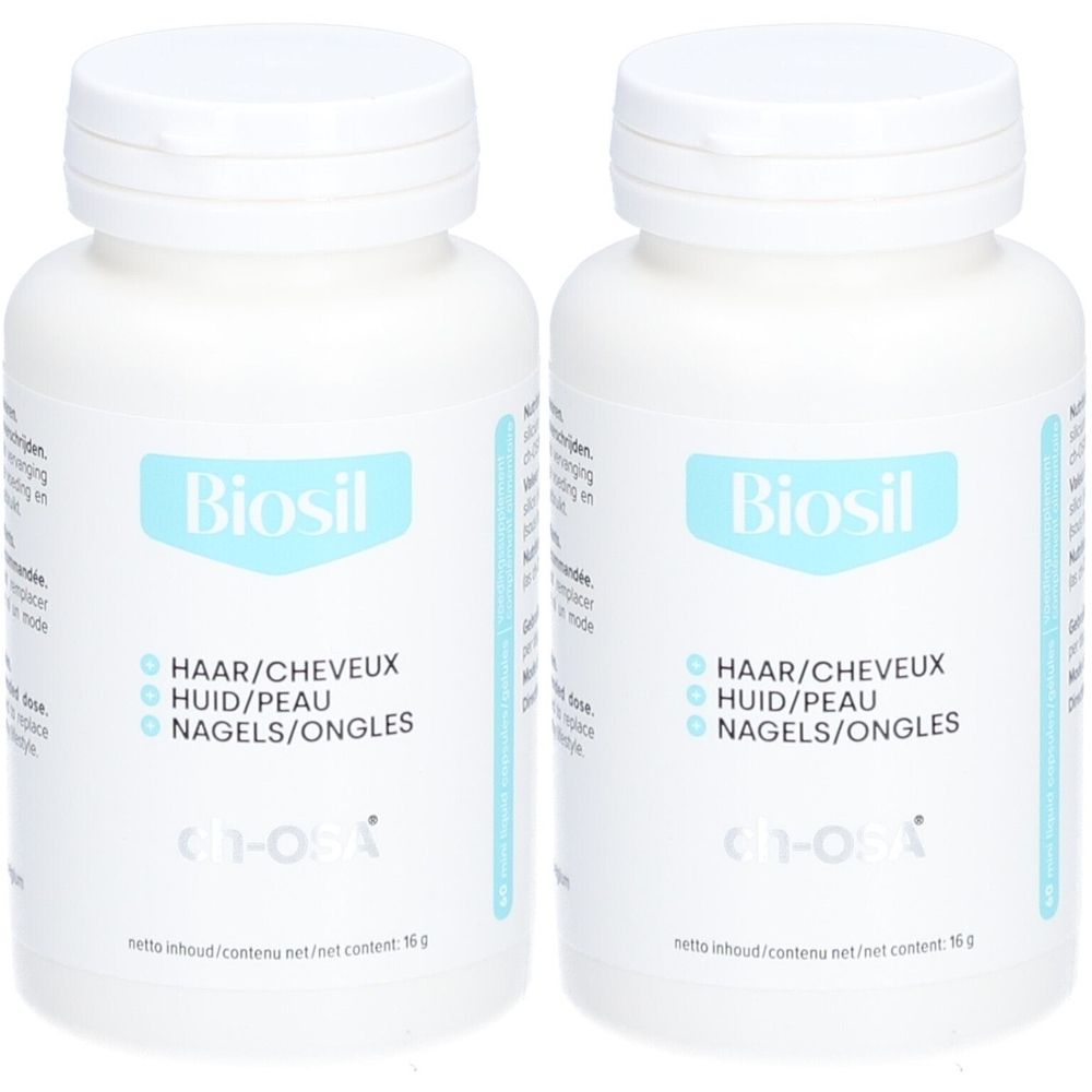 Zwei weiße Flaschen mit blauem Etikett. Aufschrift: Biosil, Haar/Cheveux, Haut/Peau, Nägel/Ongles. ch-OSA.