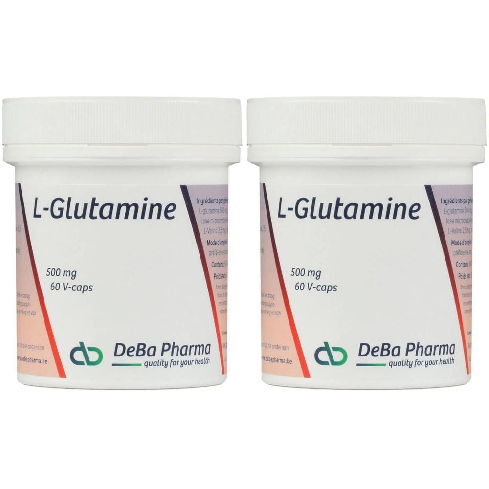 Zwei weiße Behälter mit Aufschrift L-Glutamin, 500 mg, 60 V-Kapseln. DeBa Pharma Logo.