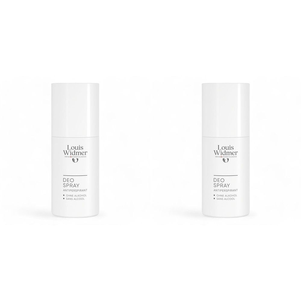 Deux sprays blancs Louis Widmer. Inscription: Deo Spray, antitranspirant, sans alcool. Logo.