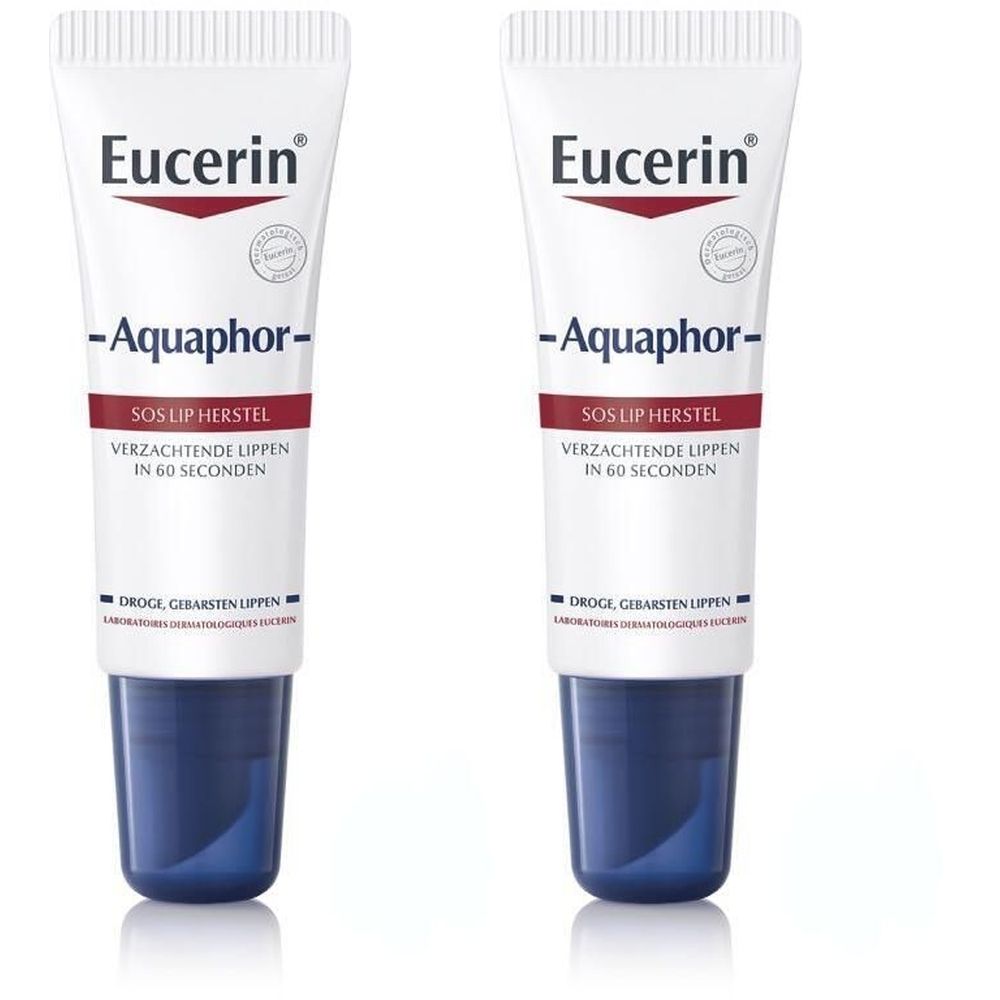 Zwei Tuben Eucerin Aquaphor SOS Lippenpflege. Weiße Tuben mit blauem Schraubverschluss. Aufschrift: Aquaphor, SOS Lippenherstel, verzachtende lippen in 60 seconden.