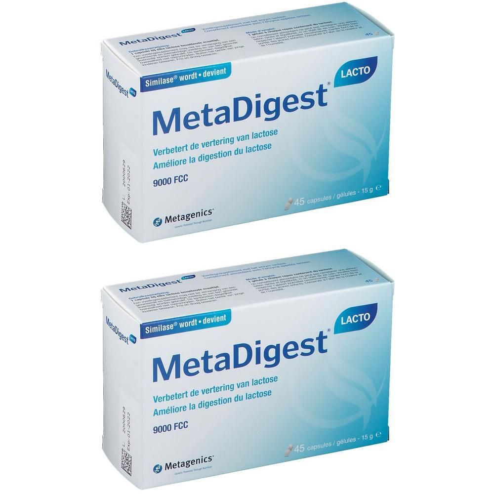 Zwei weiße Kartons MetaDigest Lacto. Blaue Schriftzüge. Enthält 45 Kapseln. Metagenics Logo.