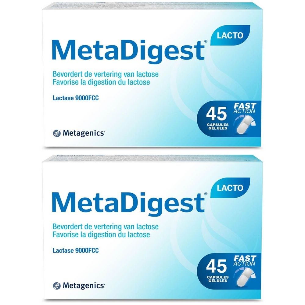 Deux boîtes blanches MetaDigest Lacto. Inscriptions bleues. Contient 45 gélules. Logo Metagenics.