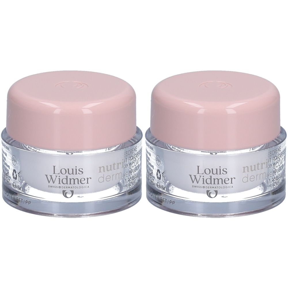 Zwei Tiegel Louis Widmer Nutriderm Crème de Jour Éclat Rosé UV50. Rosa Deckel, silberne Behälter, Produktbeschriftung.