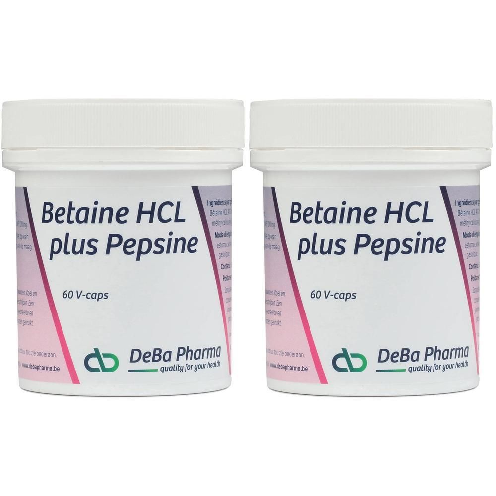 Zwei weiße Behälter mit Betaine HCL plus Pepsine. Aufschrift: DeBa Pharma. 60 V-caps.