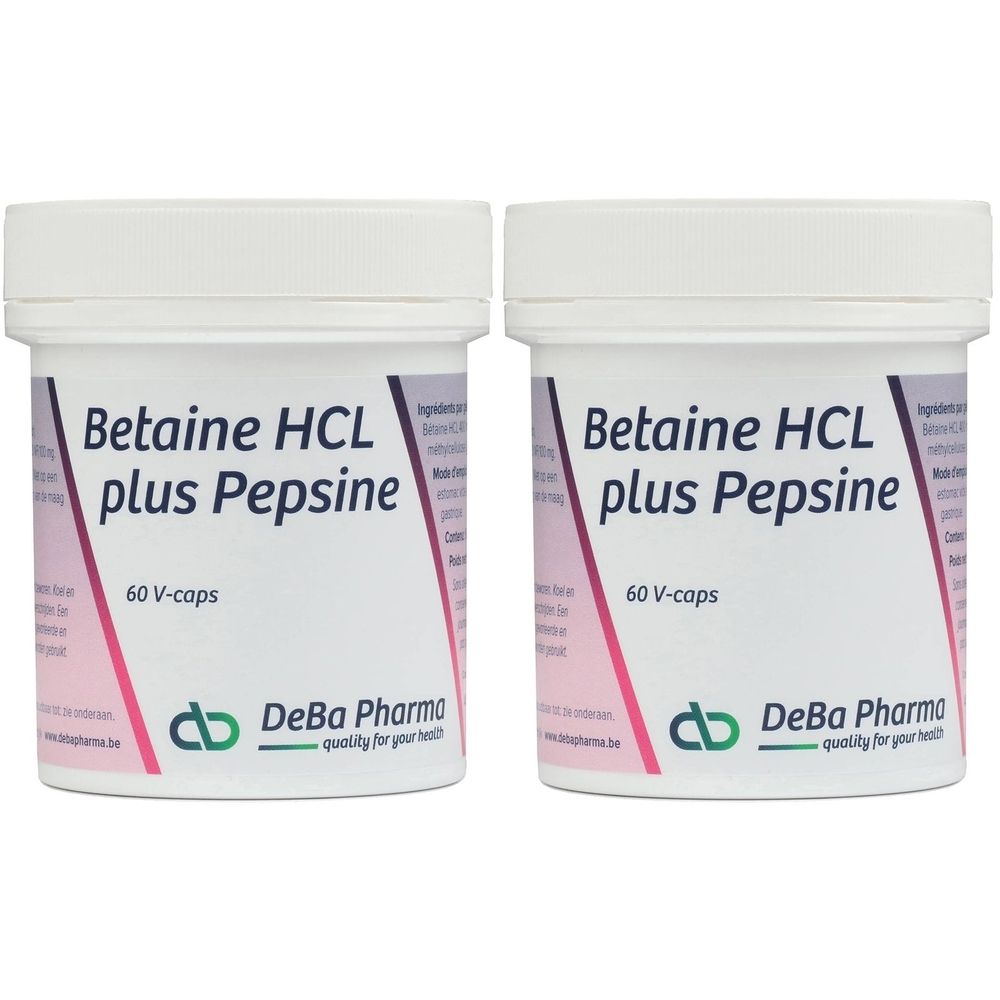 Deux pots blancs avec Betaine HCL plus Pepsine. Inscription: DeBa Pharma. 60 V-caps.