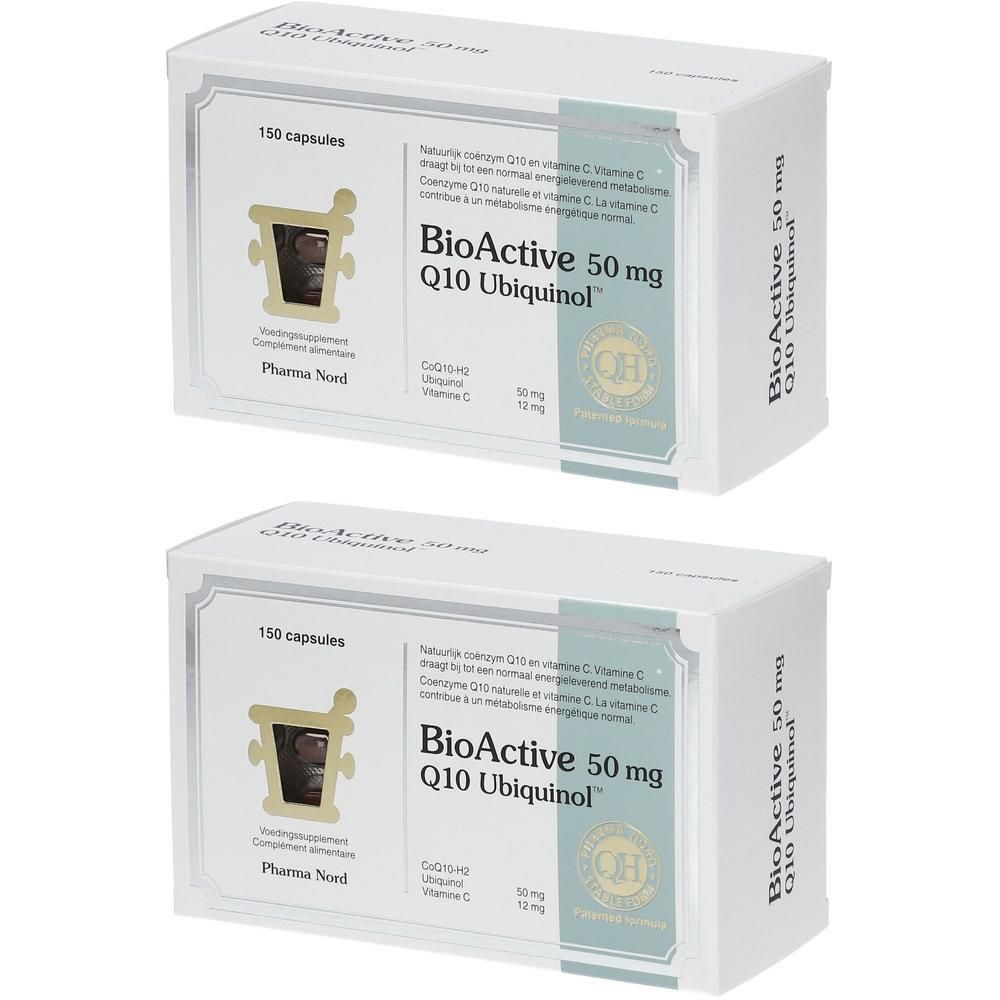 Zwei Schachteln Pharma Nord BioActive 50 mg Q10 Ubiquinol™. Weiße Schachteln mit Produktinformationen und Logo.