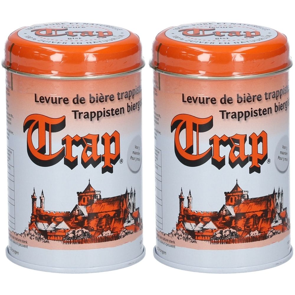 Deux boîtes cylindriques avec couvercles orange. Inscription "Trap" et "Levure de bière trappisten bierhefe".