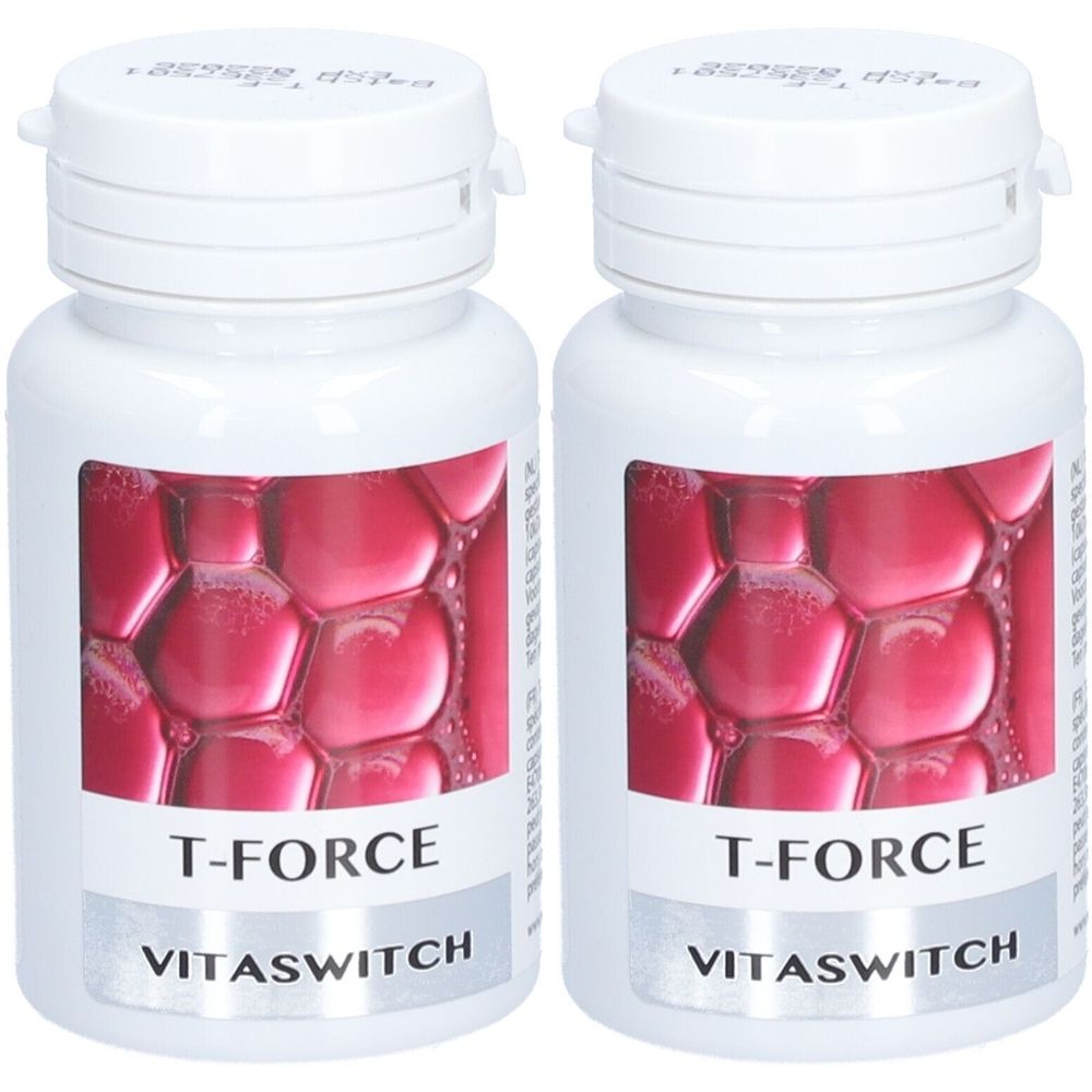 Zwei weiße Pillendosen mit Klappdeckel. Aufkleber mit rotem Muster und Schriftzug T-FORCE und VITASWITCH.