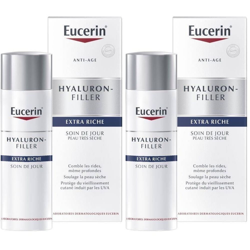 Mehrere Eucerin HYALURON-FILLER Extra Riche Tagescreme-Verpackungen. Flaschen mit silbernen Deckeln und weißen Kartons mit Produktnamen und Logo.