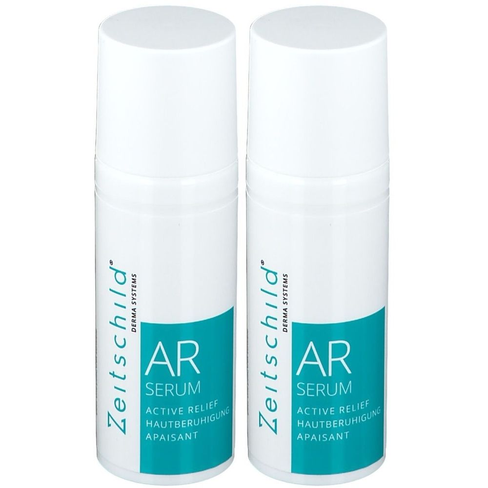 Deux flacons blancs avec Zeitschild AR Serum, Active Relief.