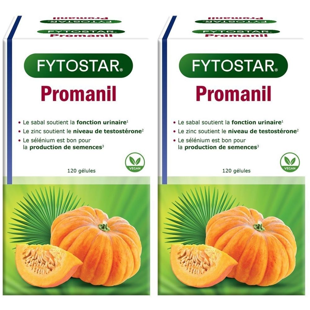 Boîte de Fytostar Promanil. Carton blanc avec logo vert et nom du produit. Illustration d'une citrouille.